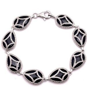 Genuine Black Onyx And 925  Sterling Silver Diamond Cut Bracelet